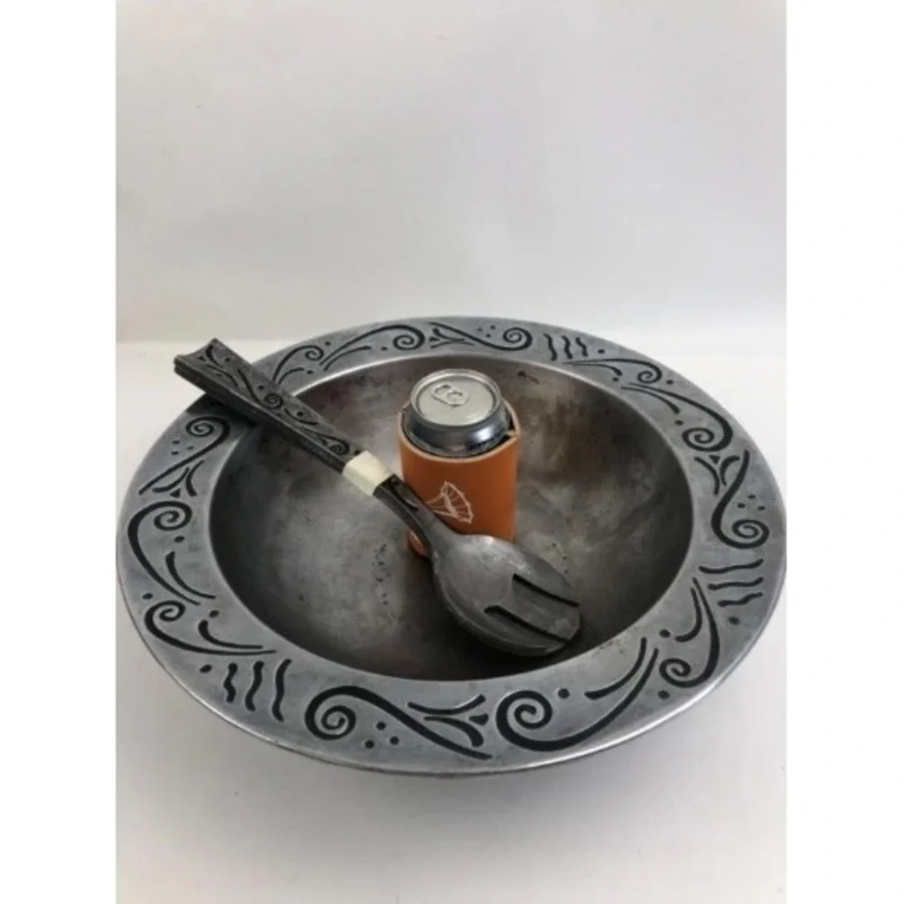 Lenox Vibe Metal Salad Bowl Set Black Swirl Aluminum Serveware w Servers Modern